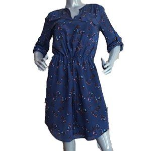 Rebecca Taylor Haze Silk Drawstring Tie Shirt Dress Long Sleeve Navy Blue Floral